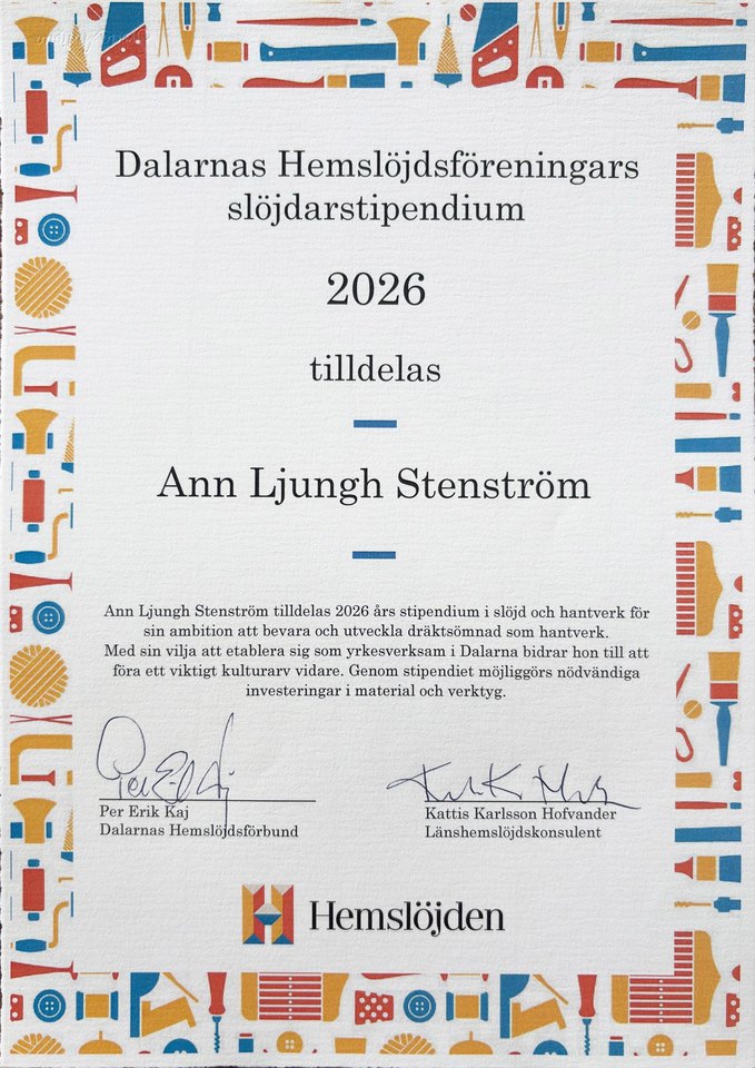 Diplom för Dalarnas Hemslöjdsföreningars slöjdarstipendium 2026 till Ann Ljungh Stenström